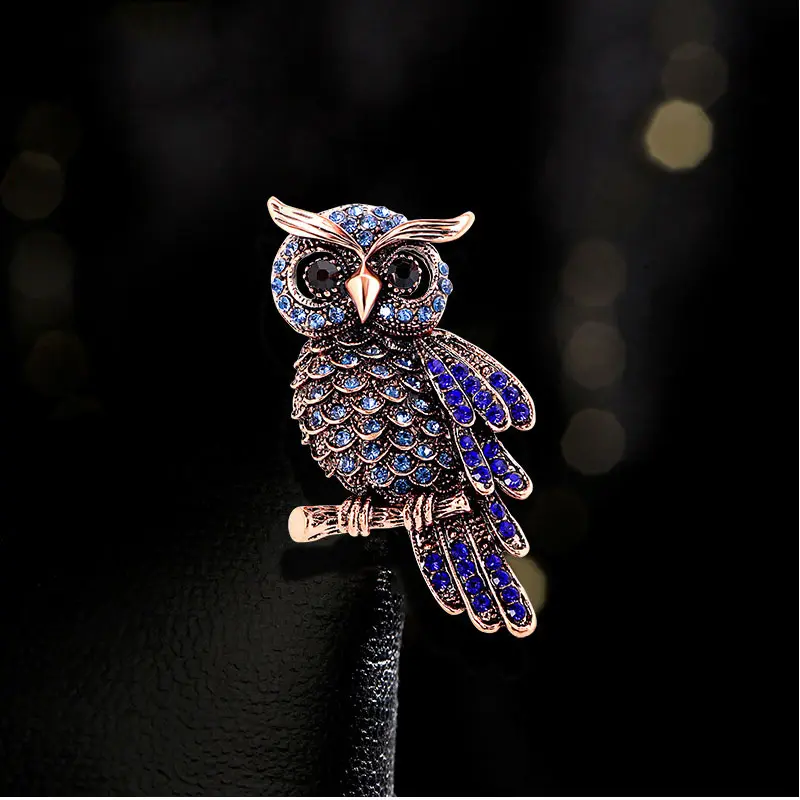 New Design Metal Crafts Diamond Owl Brooch Pin Hand Made Owl Pins for Clothes Hat Decor