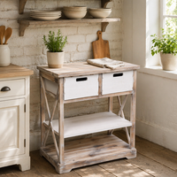 Console d'entrée rustique en bois blanc vieilli avec 2 tiroirs, meuble d'appoint en bois avec piètement en X, rangement en bois
