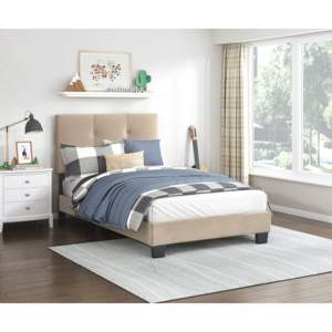DB, 1 pieza, cama de plataforma doble tapizada de terciopelo marrón claro, cabecero de altura ajustable, botón, muebles de dormitorio de madera maciza con mechones - Product Image 1