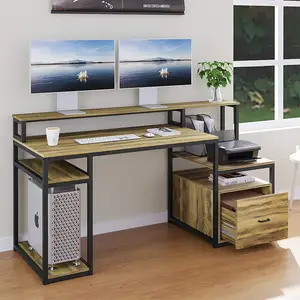 Scrivania per computer con cassetto e ripiani, grande scrivania per ufficio, hutch e armadietto della stampante, CAMPIONE GRATUITO