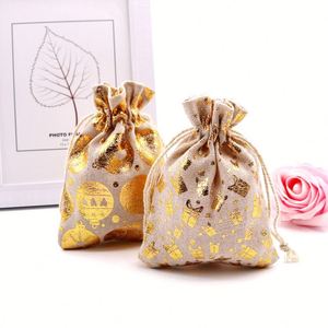 ถุงผ้าลินินแบบมีเชือกผูก ขนาด 13x18 ซม. พิมพ์ลายคริสต์มาสสีบรอนซ์ สำหรับใส่เครื่องประดับ ขนม ของขวัญ ถุงของขวัญวันคริสต์มาส ถุงของชำร่วยงานปาร์ตี้  รับทำตามสั่ง - Product Image 5