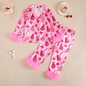 طقم بيجامات للبنات الصغار والأطفال من الساتان والحرير مزين بالريش لموسم الكريسماس 2025، ملابس نوم وملابس منزلية - Product Image 1