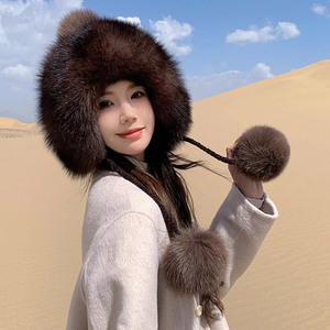 2025 épais chaud élégant doux tricoté fourrure de renard Pom Pom vison chapeau tissé cache-oreilles chapeau Sable fourrure femmes hiver chapeaux avec des cordes - Product Image 1
