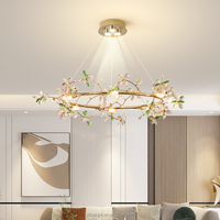 Lustre suspendu LED de luxe haut de gamme en fer forgé pour bureau à domicile, avec fleurs en cristal K9 colorées et cadre doré