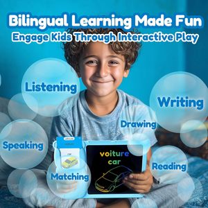 GY Bilingual French/English Blue <strong>Talking</strong> <strong>Flashcards</strong> Drawing Tablet LCD Writing Pad for Kids Toddlers Learning Toy Plastic - Product Image 5