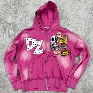 Sweat à capuche double à capuche vintage délavé, broderie en molleton français, sweat à capuche à double fermeture éclair, streetwear, sweat à capuche surdimensionné à fermeture éclair, lavage à l'acide - Product Image 1