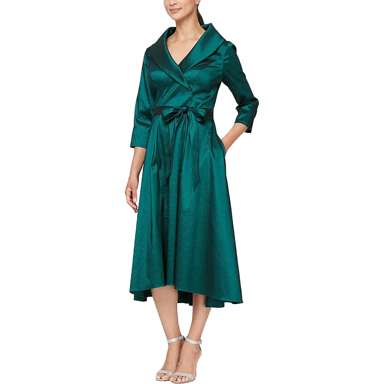 High Quality Robe Soiree Shawl Collar Long Sleeve Lace Bow Pocket Elegant Midi Dresses Women's Casual Satin Dress
