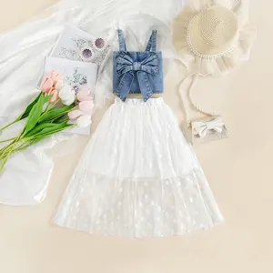 Children'S Clothing Girls' Summer Clothes Girls' Western Style Suit Bow Denim Sling Polka Dot Tulle Skirt Kids Dress For Girl