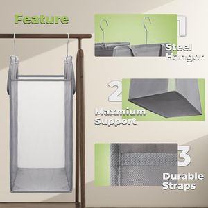 Hanging Laundry Hamper Grey <b>Rectangular</b> Foldable With Handles For Closet Storage - Product Image 3