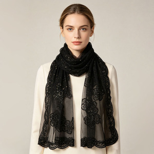 Floral Lace Sequined Mesh Shawl Elegant Transparent Chiffon Embroidery Scarf Lightweight Sheer <b>Wrap</b> for Wedding Evening Party - Product Image 1