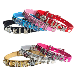 Ayarlanabilir <span class=keywords><strong>l</strong></span>üks köpek tasması tam elmas Bling özel ad mektuplar PU deri baskı<span class=keywords><strong>l</strong></span>ı DIY küçük köpekler <span class=keywords><strong>l</strong></span>üks Rhinestone köpek - Product Image 1