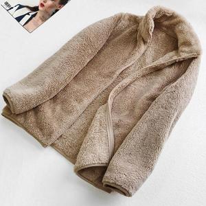 Abrigo de terciopelo largo para mujer, con cremallera, cálido, de doble cara, color coral, para otoño e invierno, a la moda - Product Image 4