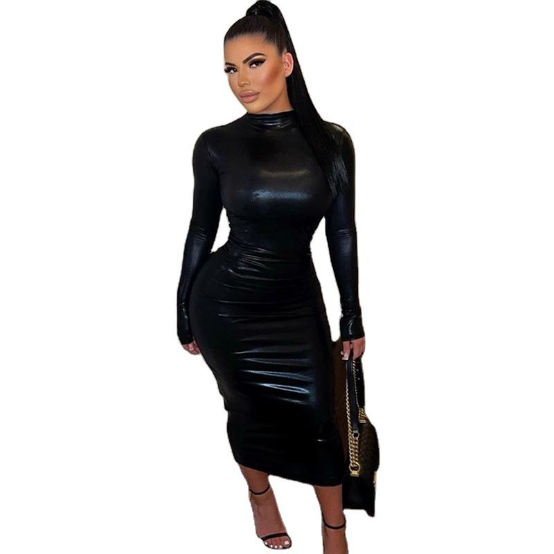 Lady Clothing Party Long Sleeve Bodycon Dress Solid Color Pu