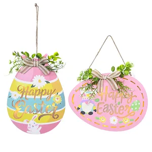 Hot Sale Happy Easter Door Hanging Sign Wooden Decor with Rabbit and Egg Decor for Easter Home Window Wall Indoor Outdoor