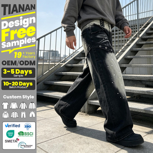 Usine de vêtements Tianan – Jeans personnalisés pour hommes, style streetwear, coupe ample, jambe large, déchirés, effet usé, Y2K, hip-hop, avec trous et graffitis - Product Image 1