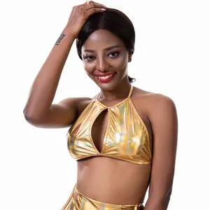 Summer Beach Holographic Crop Top Shiny Sexy Halter Cut Out Lace-up Backless Cami Top Metallic Laser Tank Top Festival Clothing - Product Image 4