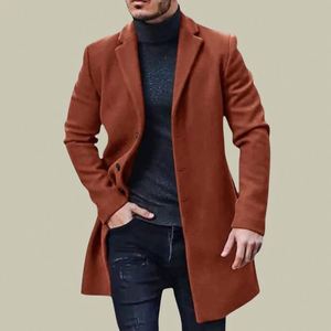 معطف رجالي جديد بلون موحد دافئ على الطراز الأوروبي، معطف صوف متوسط الطول - Product Image 1