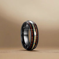 Poya classique 8mm dôme noir plaqué tungstène anneaux pour hommes mariage fiançailles cadeau bois et multicolore opale incrusté anneaux de mode