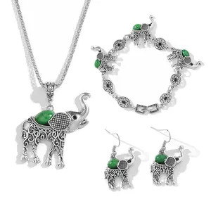 VRIUA Fashion Green African Jewelry Sets for Women Vintage Silver Color Elephant Pendant Necklace Earrings Bracelets Jewellery