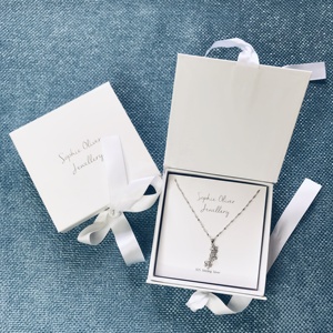 High quality white box with custom logo in silver and ribbon closure paper gift packaging boxes for jewelry