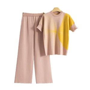 Ensemble de chandails en tricot pour femmes, été, manches courtes, avec pantalon large, polyester, coton, imprimé, tenue tendance en deux pièces - Product Image 5