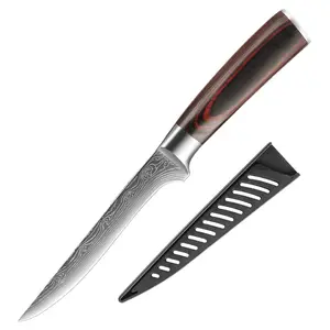 厂家直销大马士革激光刀片塞尔维亚切肉刀6英寸不锈钢弯曲骨刀专业带刀片护罩