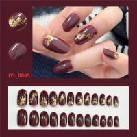Elegante bordeauxrode opzetnagels met gouden folie, luxe donkerrode ovale kunstnagels, herbruikbaar, volledige dekking, nagelset met lijm JYL_0865