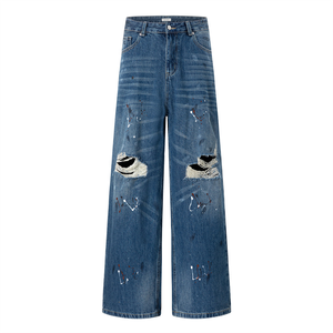Jean ample mi-taille en denim vintage déchiré style punk américain pour homme, coupe large, longueur au sol, effet délavé à l'encre, tendance streetwear - Product Image 3