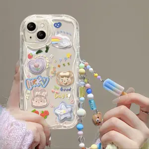 클리어 3D 곰 걸이 귀여운 전화 케이스 아이폰 15 14 13 12 11 프로 맥스 플러스 XR XS 7 8 만화 끈 팔찌 한국식 커버
