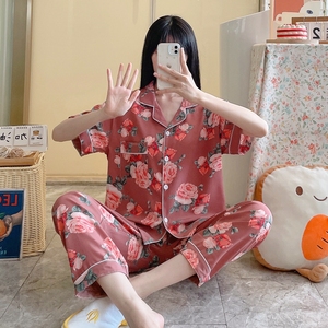 Damen Sommer zweiteilige kurz ärmel ige Nachtwäsche-Sets Walr Cotton Revers <span class=keywords><strong>Cardigan</strong></span> mit gestrickten Pyjamas Hosen Home Kleidung - Product Image 1