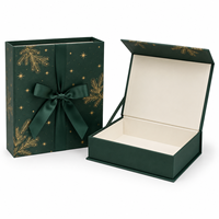 Boîte cadeau personnalisée en forme de livre de Noël, carton rigide gris 1200 g/m², pelliculage mat, estampage à chaud or avec nœud en ruban satiné