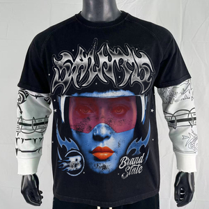 Camiseta de Manga Larga para <span class=keywords><strong>Hombre</strong></span>, Estilo Vintage, con Efecto Desgastado, Doble Capa, Tela Waffle, Impresión Serigrafiada, Fabricante OEM - Product Image 1