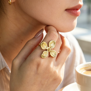 Custom Stainless Steel Gold Plated Flower Ring, Tarnish Resistant Fashion Statement Jewelry Wholesale Distributors - Product Image 1