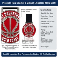 Médaille de basket-ball personnalisée en alliage de zinc argenté Shibo, émail rouge, gravure laser HEAT, trophée durable, ruban noir pour compétition