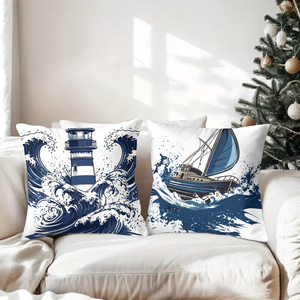 Nautical themed throw pillows featuring lighthouse sailboat compass and anchor designs for coastal home decor - Product Image 3