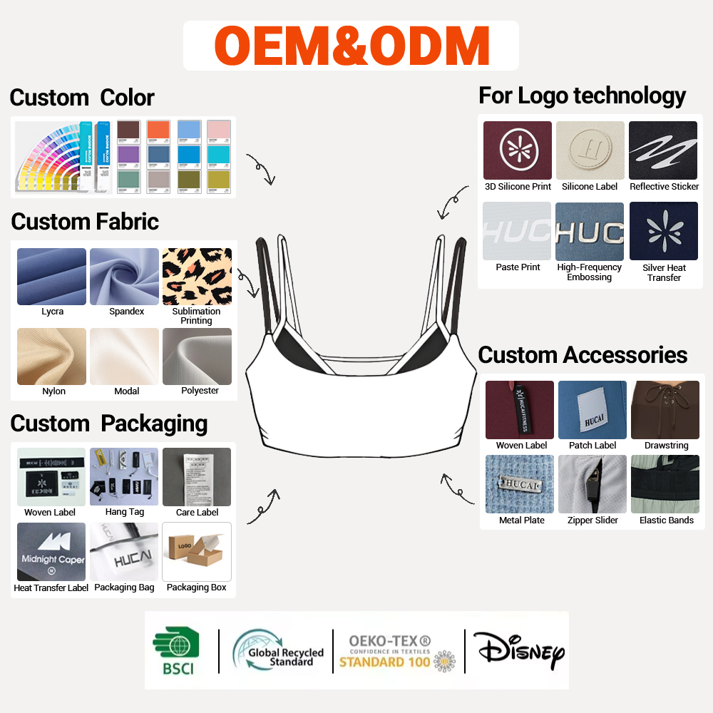 OEM ODM HUCAI Custom Polyester Spandex High Quality Scoop Neck Thin Strap Layered Double Layer Gym Yoga Top Sports Bra