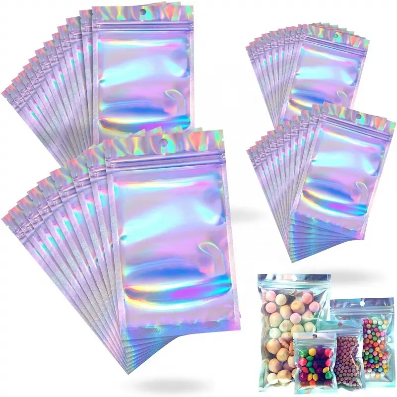 Reclosable Flat Mylar Zipper Bags Holographic Color Packaging Pouch for Daily Life Party Liquid and Solids Favor Food Storage