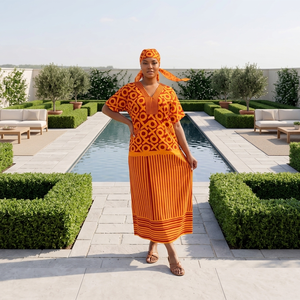 Pronta Consegna: Abito Lungo da Donna Stile Europeo e Americano, Nuova Collezione Autunno 2025, Moda Africana con Motivi Geometrici, Scollo a V, Maniche Corte, Vestibilità Ampia - Product Image 4