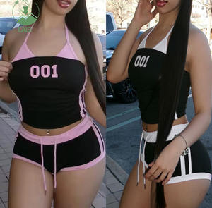 Sevimli 2 parça şort takımı kadın mektup baskı Halter Tank Tops ve şort seksi renk blok gündelik spor giyim iki parçalı setleri Lady - Product Image 1