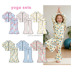 Özel Çiçek Desenli Çocuk Spor Giysisi İspanyol Paça Pantolon Fermuarlı Ceket Spor Salonu Aktif Giyim 2 Parça Yoga Takımı Kız Çocukları İçin - Product Image 1