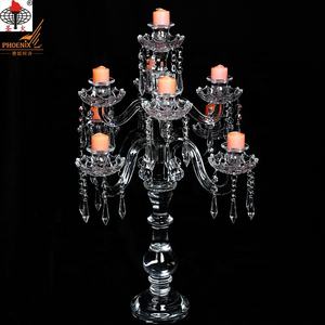 SH-044B gros bougeoirs <span class=keywords><strong>en</strong></span> cristal à 9 bras grand pas cher <span class=keywords><strong>en</strong></span> verre de mariage de candélabres avec cristaux suspendus - Product Image 4