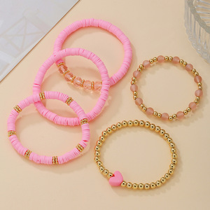 Pink Polymer Clay Heart Shaped <b>Beaded</b> <b>Bracelet</b> Set For Women Party Jewelry 5 Piece Bohemian Style CCB Crystal Beads - Product Image 2