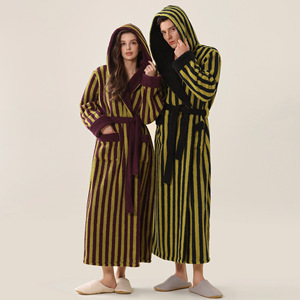 Accappatoio da <span class=keywords><strong>uomo</strong></span> in pile corallo extra spesso, a maniche lunghe, con cappuccio, caldo, a righe, allungato, per autunno inverno - Product Image 1