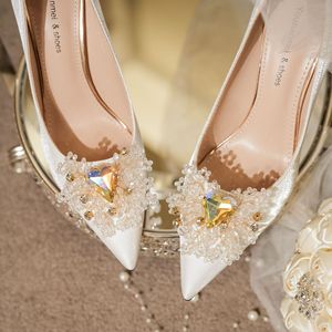 Chaussures de mariée élégantes à talons hauts en satin et strass, bout pointu blanc, pour soirée, taille 35 36 37 38 39 40 - Product Image 2