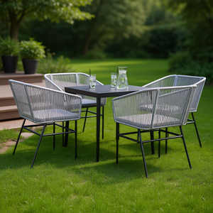 Ensemble de salle à manger de jardin gris clair et noir, 4 places, structure métallique, rotin, mobilier d'extérieur contemporain, résistant aux intempéries - Product Image 2