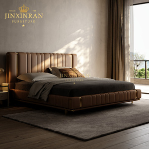 Mới nhất ý da nâu giường nhà thoải mái gỗ khung vàng giường biệt thự chủ hiện đại đơn giản phòng ngủ giường đôi - Product Image 3