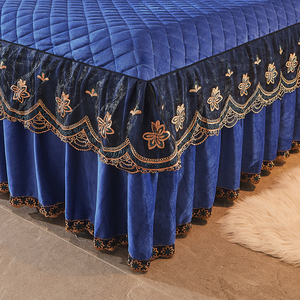 Set Sprei Kasur Tebal Berbahan Campuran Linen Beludru Bordir Jacquard Motif Bunga Gaya Amerika Warna Biru Dongker untuk Pernikahan Musim Dingin - Product Image 5