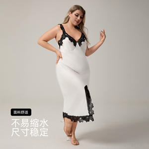 Luxury Satin Slip Nightgown Women Summer Solid <b>Lace</b> Trim Embroidered Breathable Sexy Simple High Slit Knee Length <b>Elastic</b> Waist - Product Image 3