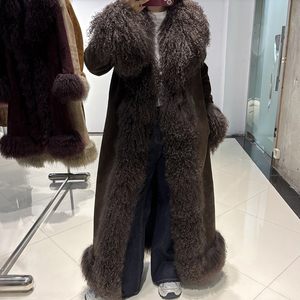 Veste longue de luxe pour femme en véritable peau de mouton avec grand col en fourrure, en cuir véritable, longueur au sol, automne - Product Image 1