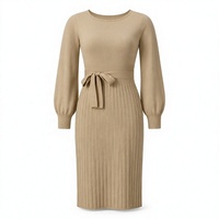 Robe midi moderne de luxe en nylon et coton, unie, entièrement antistatique, tricotée, à manches longues et nœud, pour femme, idéale pour les stations hivernales, prête à être expédiée